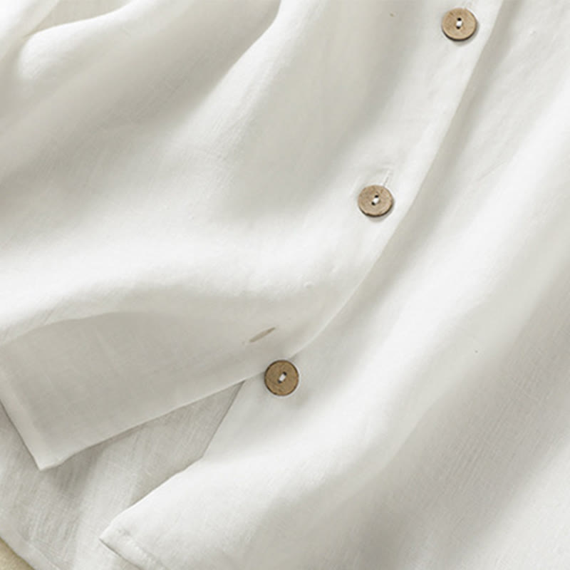 Camicia da donna in cotone e lino con scollo a V, maniche lunghe, motivo Buddha Stones Spring, bottoni semplici - image 16
