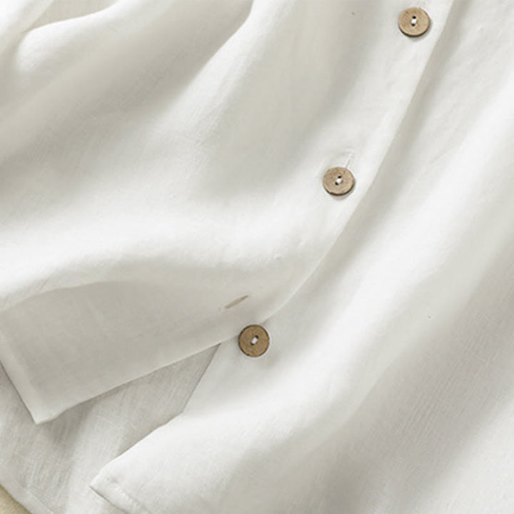 Camicia da donna in cotone e lino con scollo a V, maniche lunghe, motivo Buddha Stones Spring, bottoni semplici - image 16