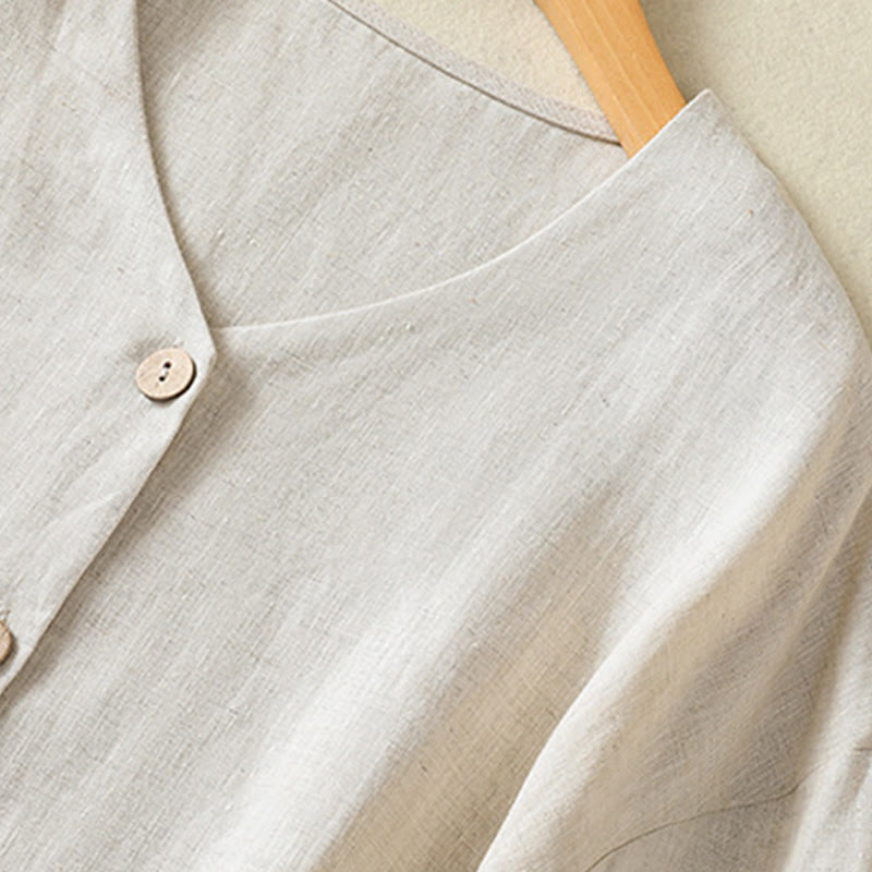 Camicia da donna in cotone e lino con scollo a V, maniche lunghe, motivo Buddha Stones Spring, bottoni semplici - image 4