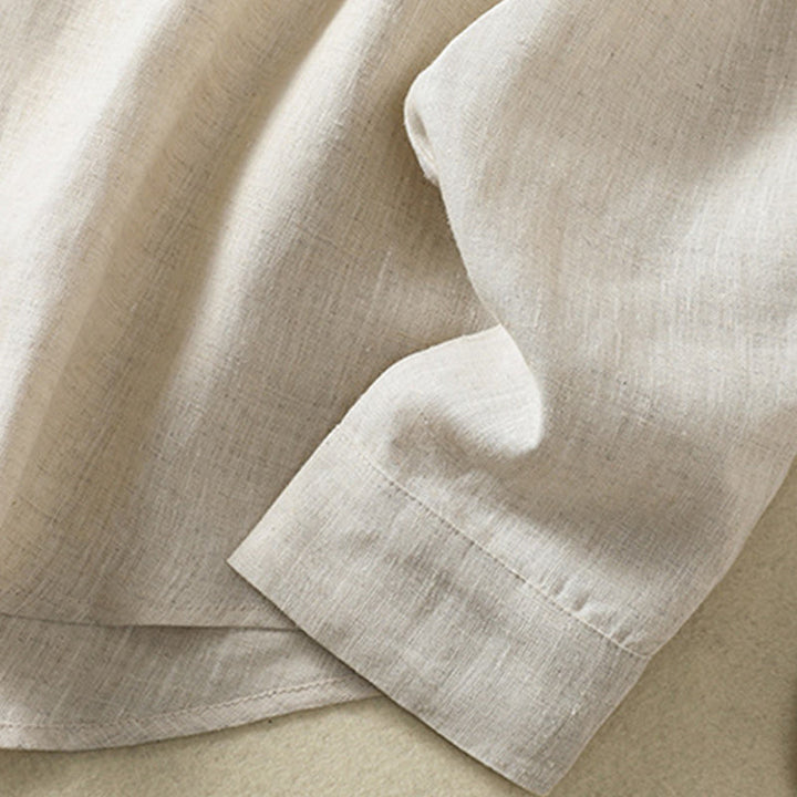 Camicia da donna in cotone e lino con scollo a V, maniche lunghe, motivo Buddha Stones Spring, bottoni semplici - image 7