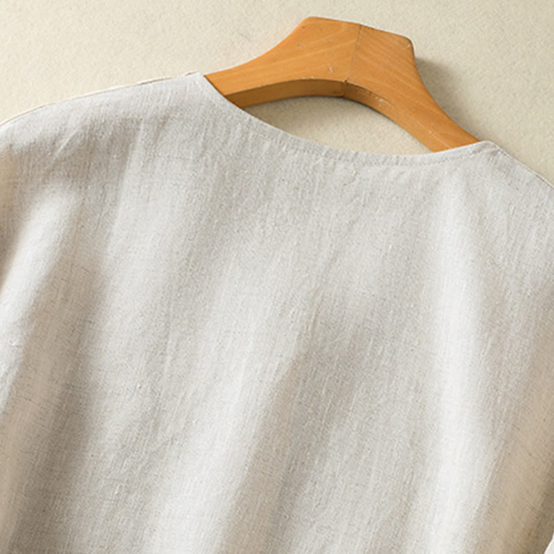 Camicia da donna in cotone e lino con scollo a V, maniche lunghe, motivo Buddha Stones Spring, bottoni semplici - image 5