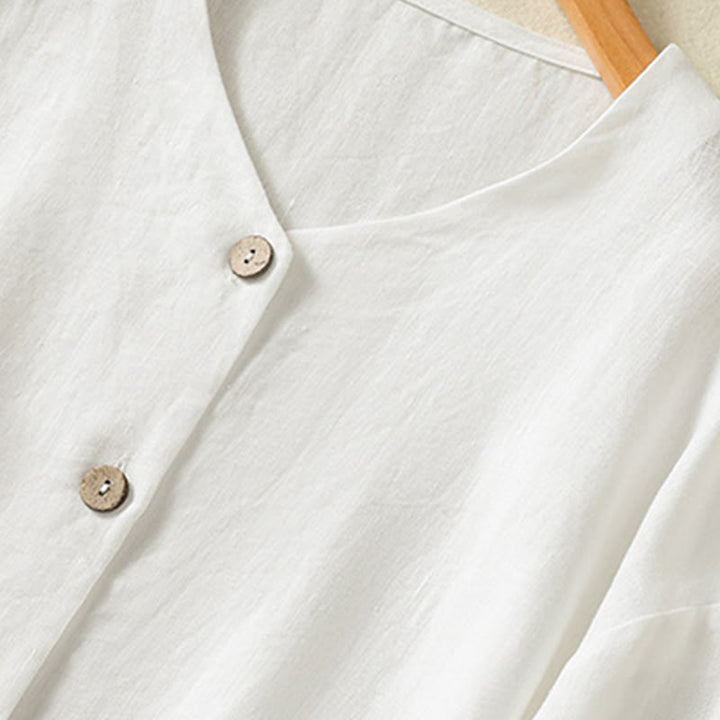 Camicia da donna in cotone e lino con scollo a V, maniche lunghe, motivo Buddha Stones Spring, bottoni semplici - image 12