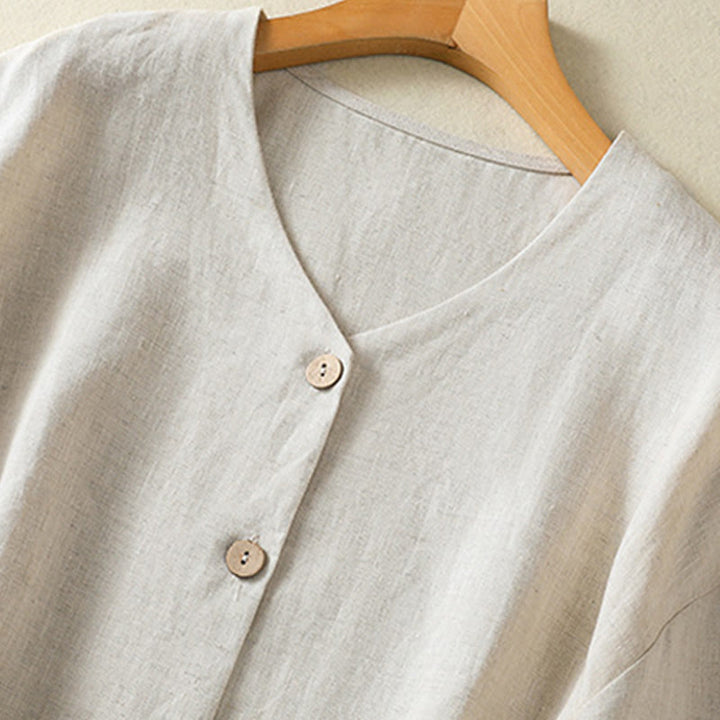 Camicia da donna in cotone e lino con scollo a V, maniche lunghe, motivo Buddha Stones Spring, bottoni semplici - image 3