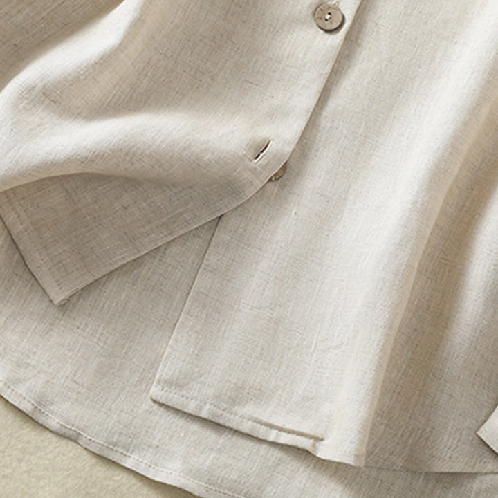 Camicia da donna in cotone e lino con scollo a V, maniche lunghe, motivo Buddha Stones Spring, bottoni semplici - image 6