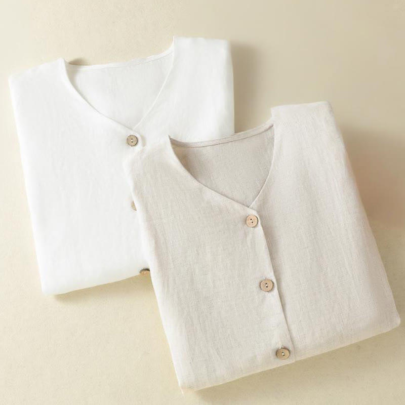 Camicia da donna a maniche lunghe con scollo a V e bottoni, con motivo Buddha Stones Spring. - image 19
