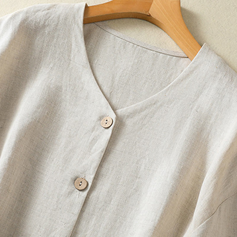 Camicia da donna a maniche lunghe con scollo a V e bottoni, con motivo Buddha Stones Spring. - image 2