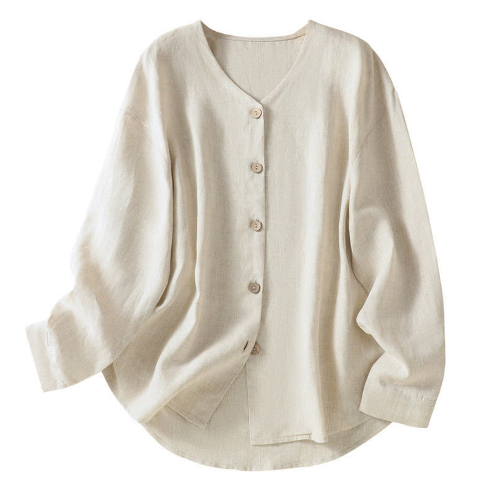 Camicia da donna in cotone e lino con scollo a V, maniche lunghe, motivo Buddha Stones Spring, bottoni semplici - image 9