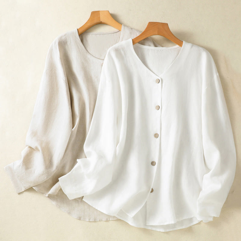Camicia da donna a maniche lunghe con scollo a V e bottoni, con motivo Buddha Stones Spring. - image 18