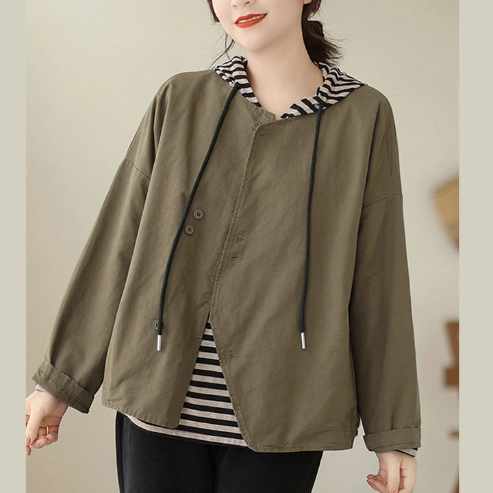 Giacca da donna in cotone e lino con maniche lunghe e tasche, modello Buddha Stones Spring Plain Asymmetry Design - Oliva - US12, UK/AU16, EU44 (2XL) - image 12