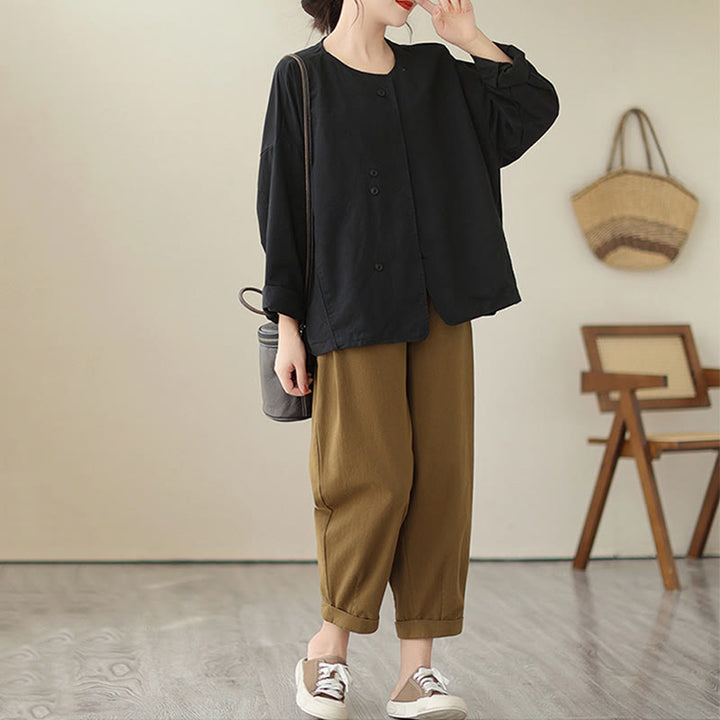 Giacca da donna in cotone e lino con maniche lunghe e tasche, modello Buddha Stones Spring Plain Asymmetry Design - image 24