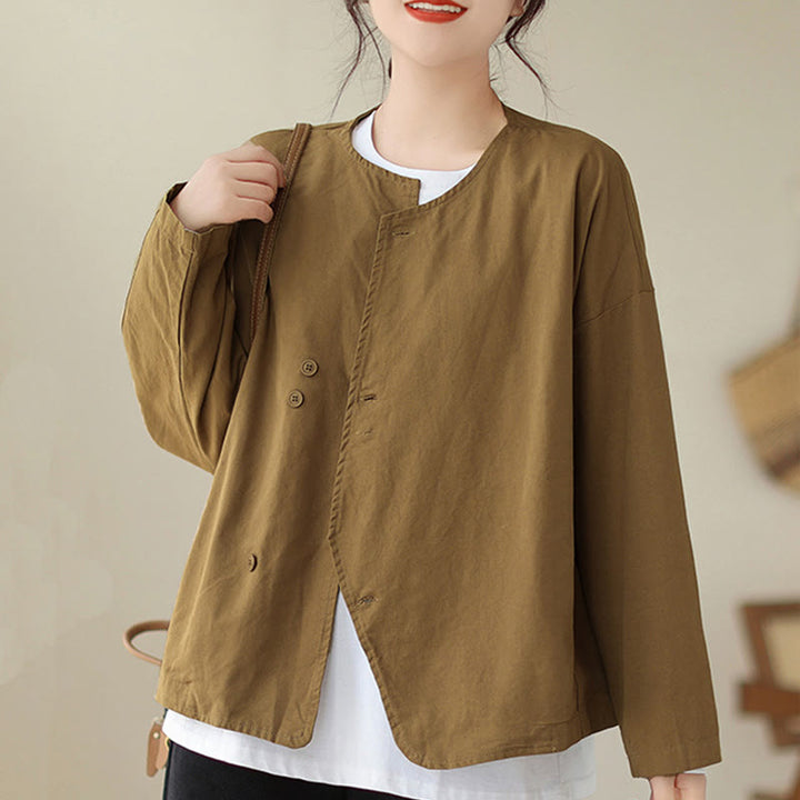 Giacca da donna in cotone e lino con maniche lunghe e tasche, modello Buddha Stones Spring Plain Asymmetry Design - image 8