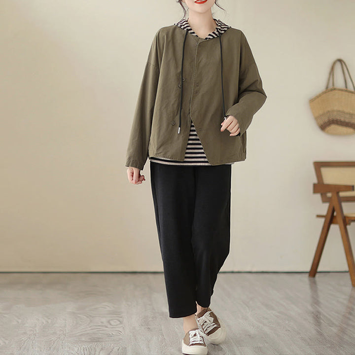 Giacca da donna in cotone e lino con maniche lunghe e tasche, modello Buddha Stones Spring Plain Asymmetry Design - image 17