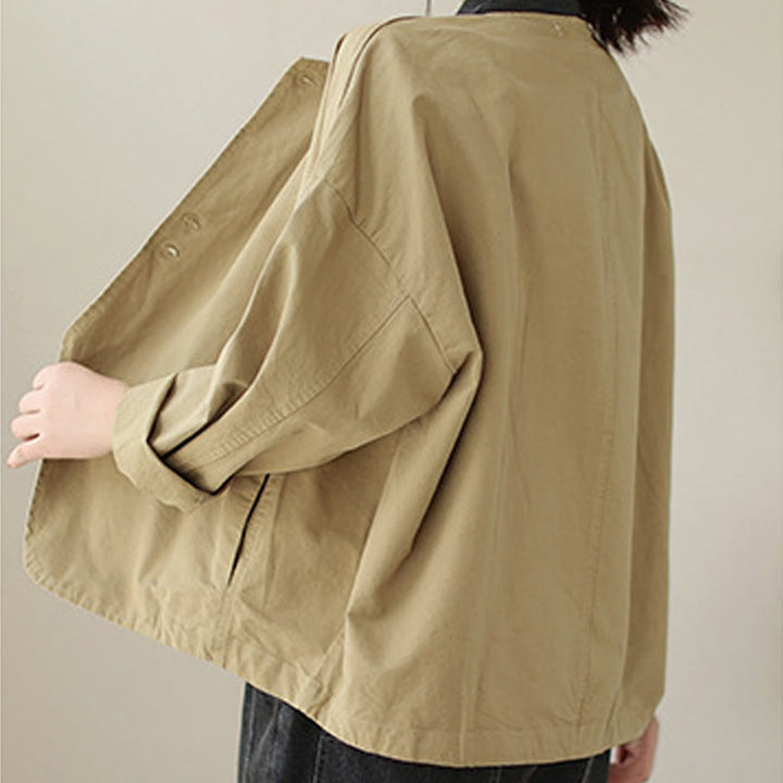 Giacca da donna in cotone e lino con maniche lunghe e tasche, modello Buddha Stones Spring Plain Asymmetry Design - image 1