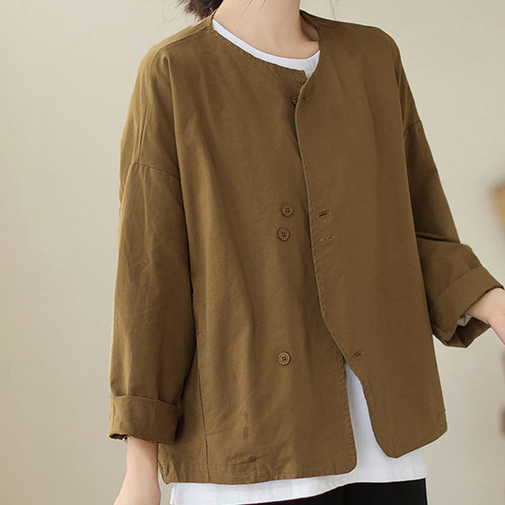 Giacca da donna in cotone e lino con maniche lunghe e tasche, modello Buddha Stones Spring Plain Asymmetry Design - DarkGoldenrod - US12, UK/AU16, EU44 (2XL) - image 6