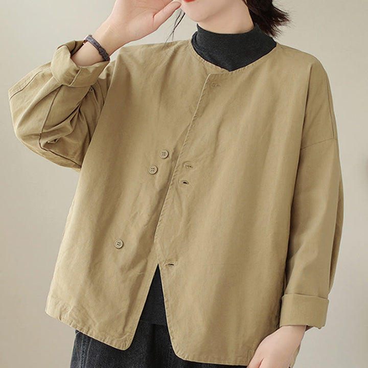 Giacca da donna in cotone e lino con maniche lunghe e tasche, modello Buddha Stones Spring Plain Asymmetry Design - PaleGoldenrod - US12, UK/AU16, EU44 (2XL) - image 1