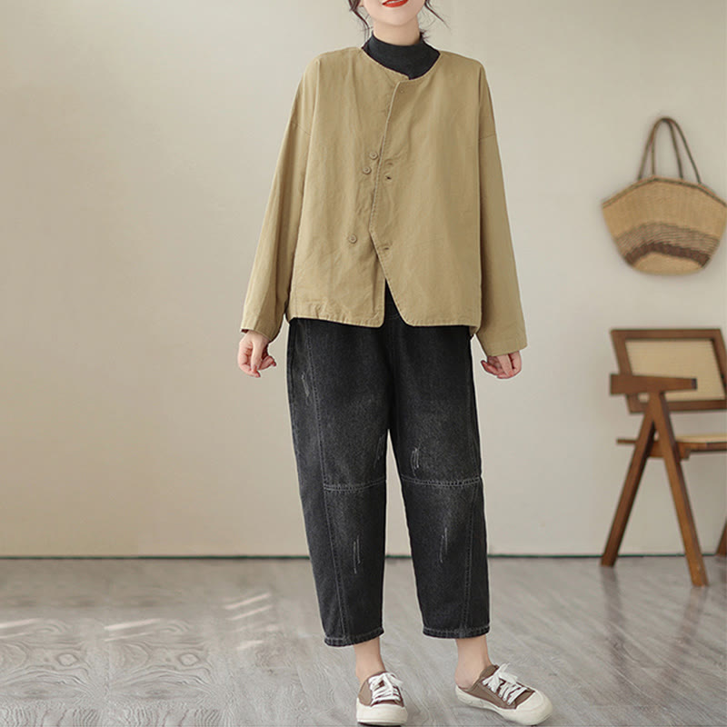 Giacca da donna in cotone e lino con maniche lunghe e tasche, modello Buddha Stones Spring Plain Asymmetry Design - image 4