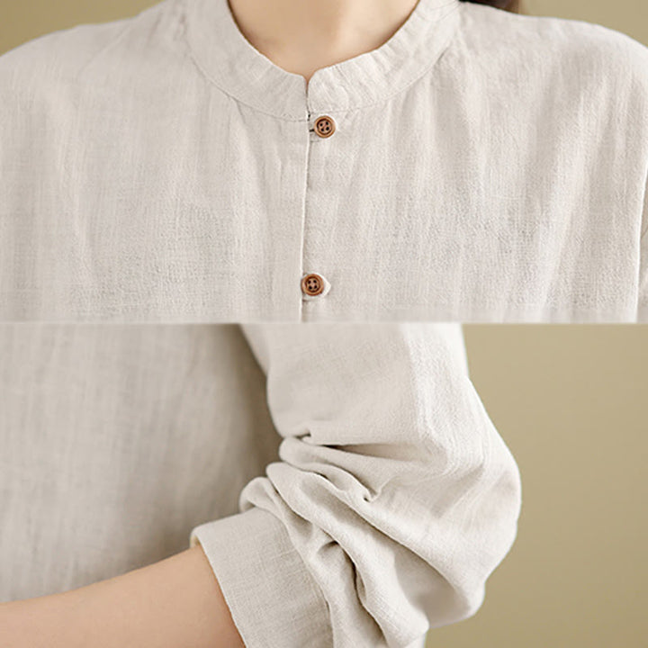 Camicia da donna in cotone e lino a maniche lunghe con bottoni frontali in tinta unita Buddha Stones - image 7