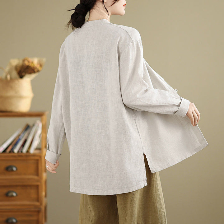 Camicia da donna in cotone e lino a maniche lunghe con bottoni frontali in tinta unita Buddha Stones - image 3