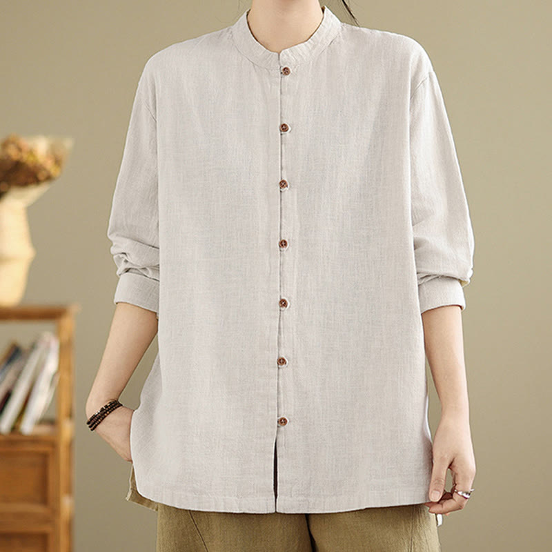 Camicia da donna in cotone e lino a maniche lunghe con bottoni frontali in tinta unita Buddha Stones - image 5