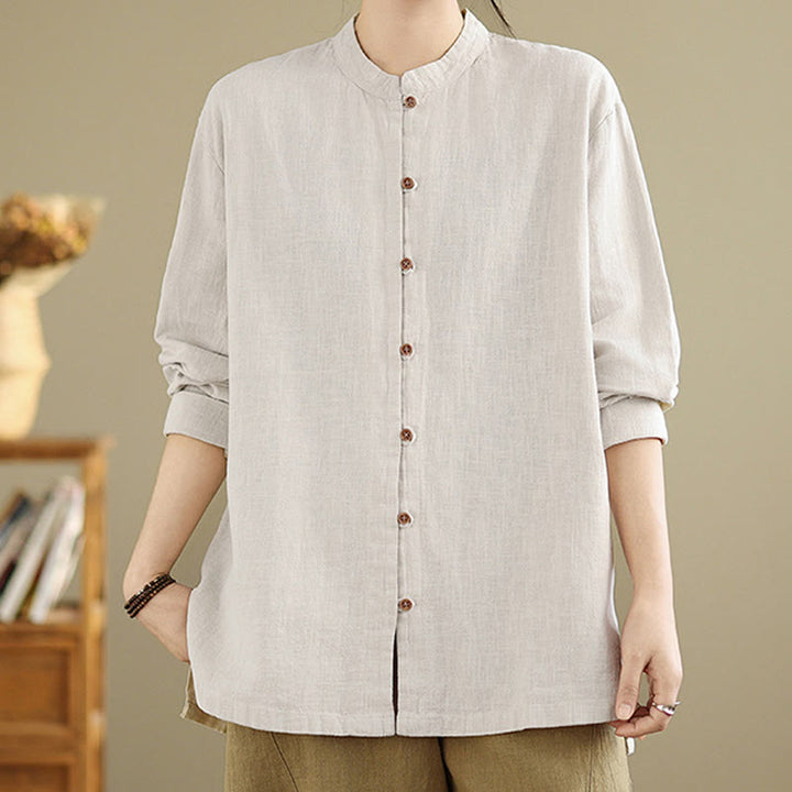 Camicia da donna in cotone e lino a maniche lunghe con bottoni frontali in tinta unita Buddha Stones - image 5