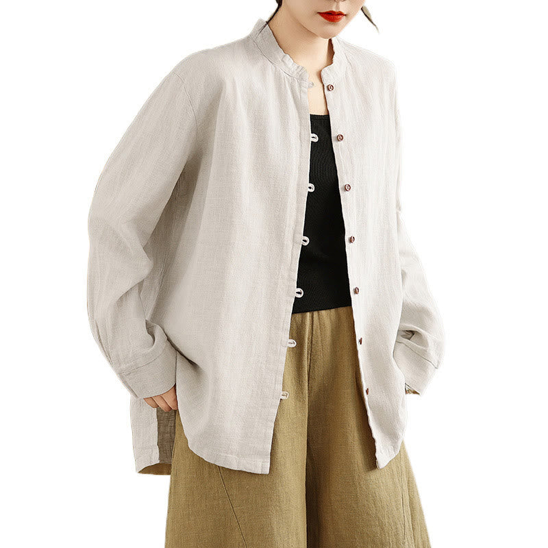 Camicia da donna in cotone e lino a maniche lunghe con bottoni frontali in tinta unita Buddha Stones - image 8