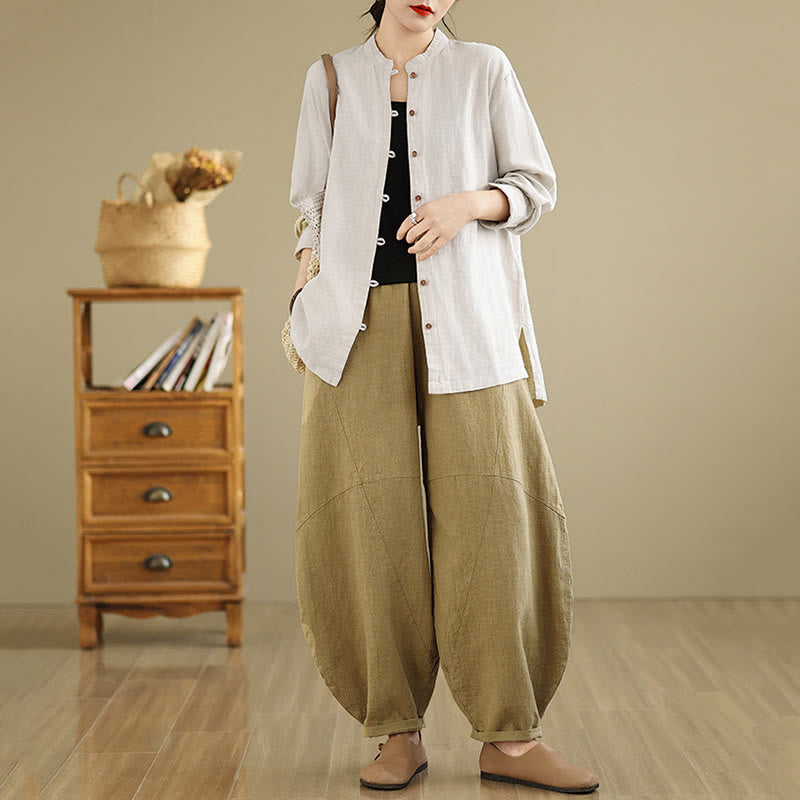 Camicia da donna in cotone e lino a maniche lunghe con bottoni frontali in tinta unita Buddha Stones - image 5