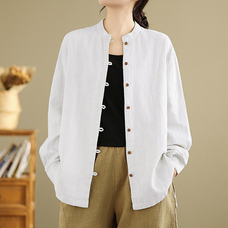Camicia da donna in cotone e lino a maniche lunghe con bottoni frontali in tinta unita Buddha Stones - Bianco - US14, UK/AU18, EU46 (2XL) - image 10
