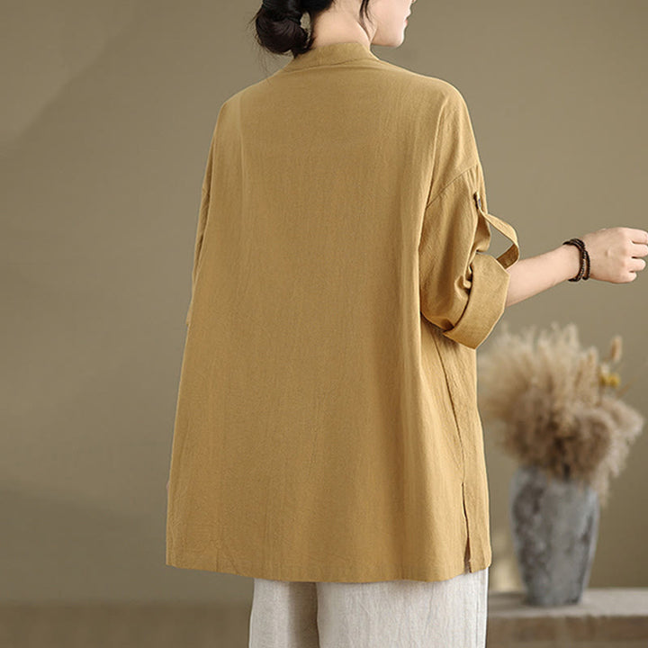 Camicia da donna in cotone e lino a maniche lunghe Buddha Stones Commute Pure Color con tasca - image 3