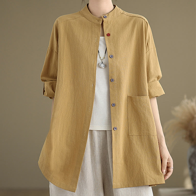 Camicia da donna in cotone e lino a maniche lunghe Buddha Stones Commute Pure Color con tasca - image 5