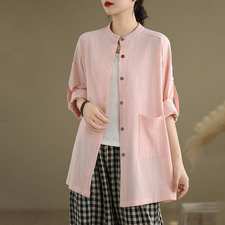 Camicia da donna in cotone e lino a maniche lunghe Buddha Stones Commute Pure Color con tasca - image 19