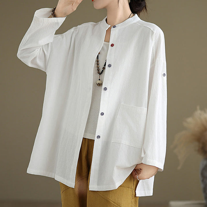 Camicia da donna in cotone e lino a maniche lunghe Buddha Stones Commute Pure Color con tasca - image 14