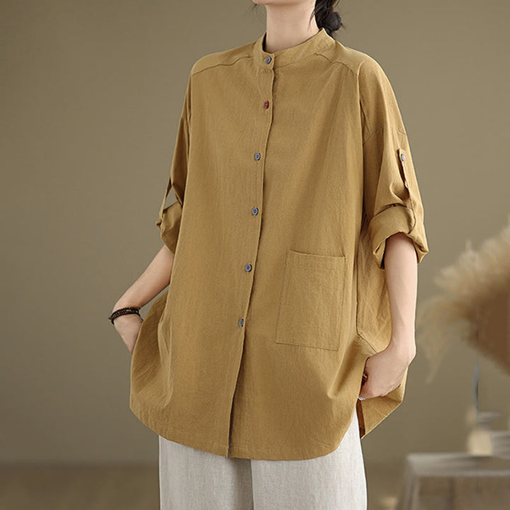 Camicia da donna in cotone e lino a maniche lunghe Buddha Stones Commute Pure Color con tasca - image 4