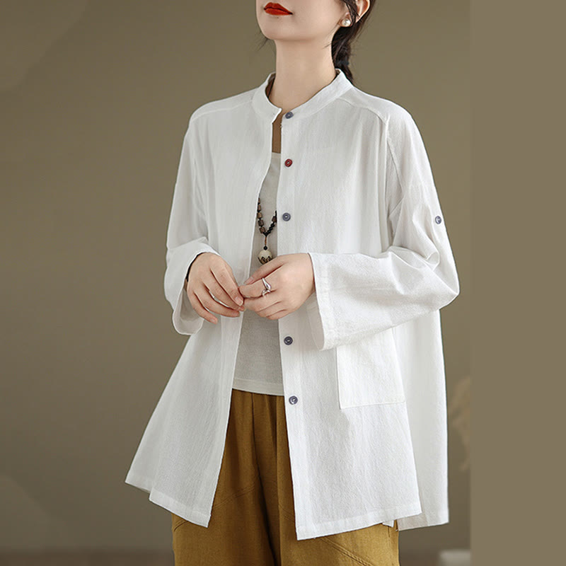 Camicia da donna in cotone e lino a maniche lunghe Buddha Stones Commute Pure Color con tasca - image 13