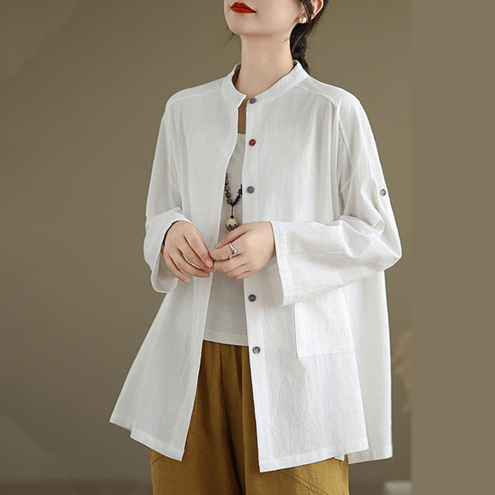 Camicia da donna in cotone e lino a maniche lunghe Buddha Stones Commute Pure Color con tasca - image 13