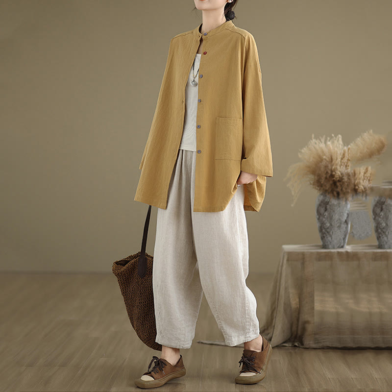 Camicia da donna in cotone e lino a maniche lunghe Buddha Stones Commute Pure Color con tasca - image 6