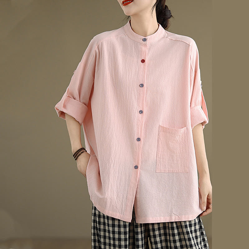 Camicia da donna in cotone e lino a maniche lunghe Buddha Stones Commute Pure Color con tasca - image 22