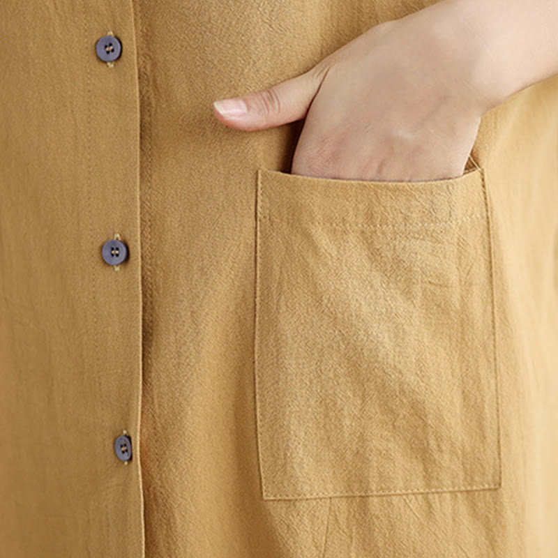Camicia da donna in cotone e lino a maniche lunghe Buddha Stones Commute Pure Color con tasca - image 10