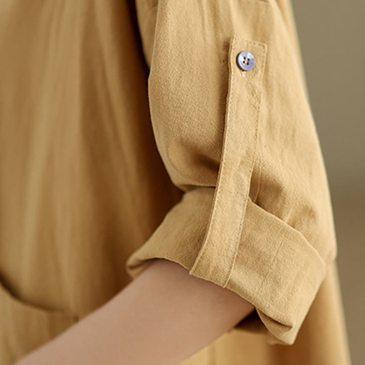 Camicia da donna in cotone e lino a maniche lunghe Buddha Stones Commute Pure Color con tasca - image 9