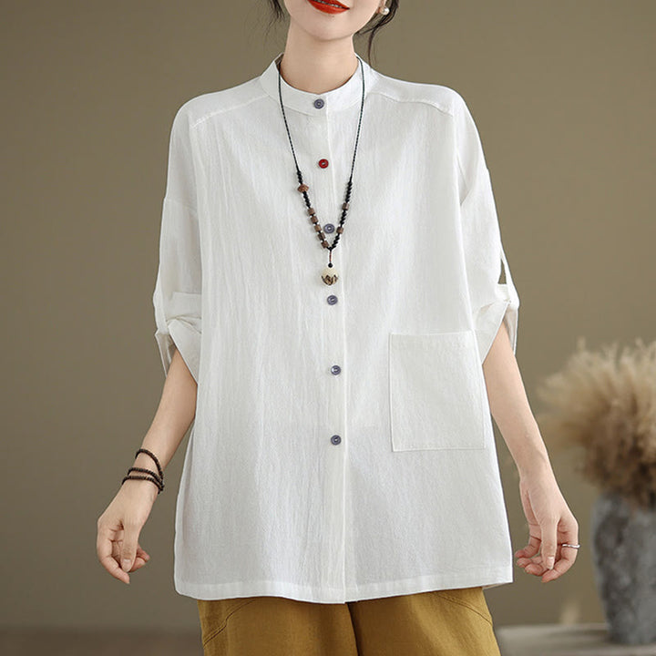 Camicia da donna in cotone e lino a maniche lunghe Buddha Stones Commute Pure Color con tasca - Bianco - US14, UK/AU18, EU46 (2XL) - image 12