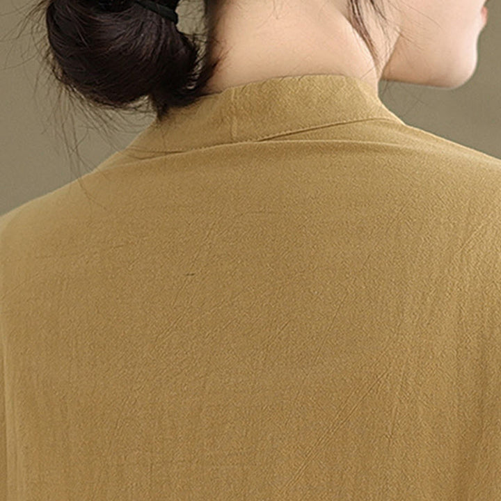 Camicia da donna in cotone e lino a maniche lunghe Buddha Stones Commute Pure Color con tasca - image 8