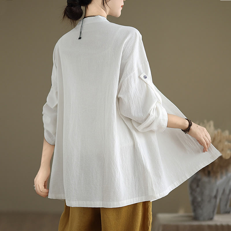 Camicia da donna in cotone e lino a maniche lunghe Buddha Stones Commute Pure Color con tasca - image 15