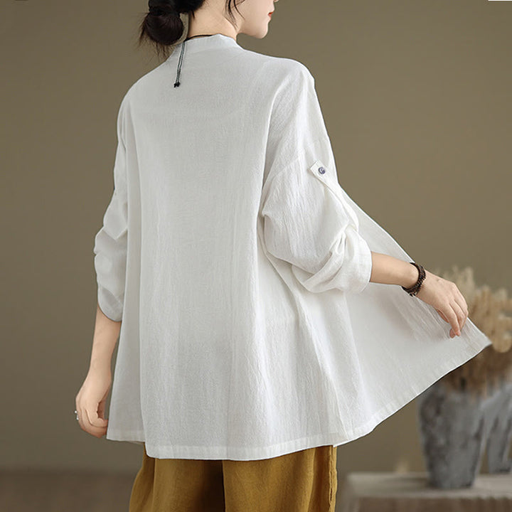 Camicia da donna in cotone e lino a maniche lunghe Buddha Stones Commute Pure Color con tasca - image 15