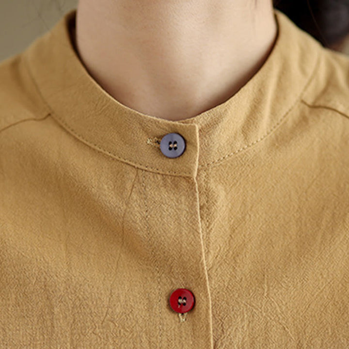 Camicia da donna in cotone e lino a maniche lunghe Buddha Stones Commute Pure Color con tasca - image 7