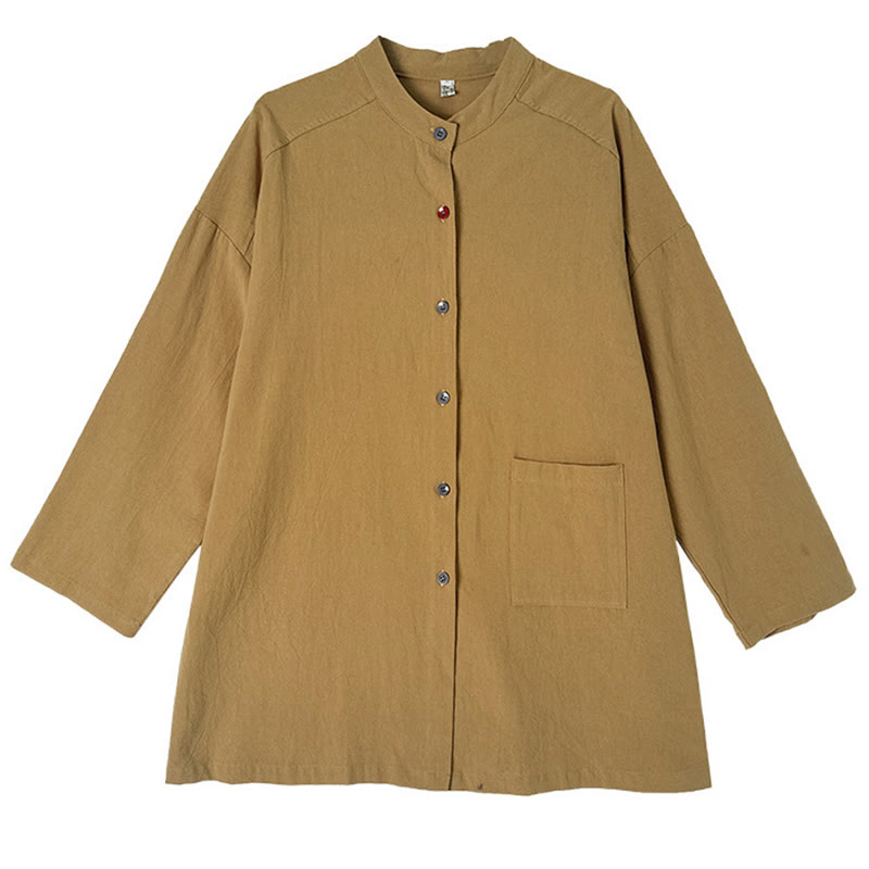 Camicia da donna in cotone e lino a maniche lunghe Buddha Stones Commute Pure Color con tasca - image 11