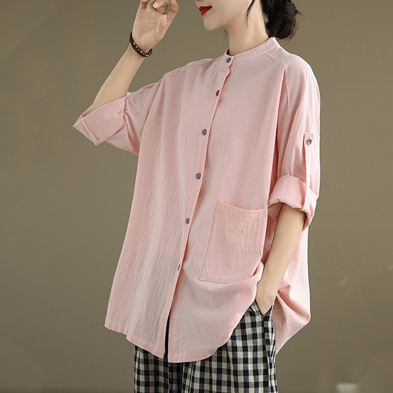 Camicia da donna in cotone e lino a maniche lunghe Buddha Stones Commute Pure Color con tasca - image 20