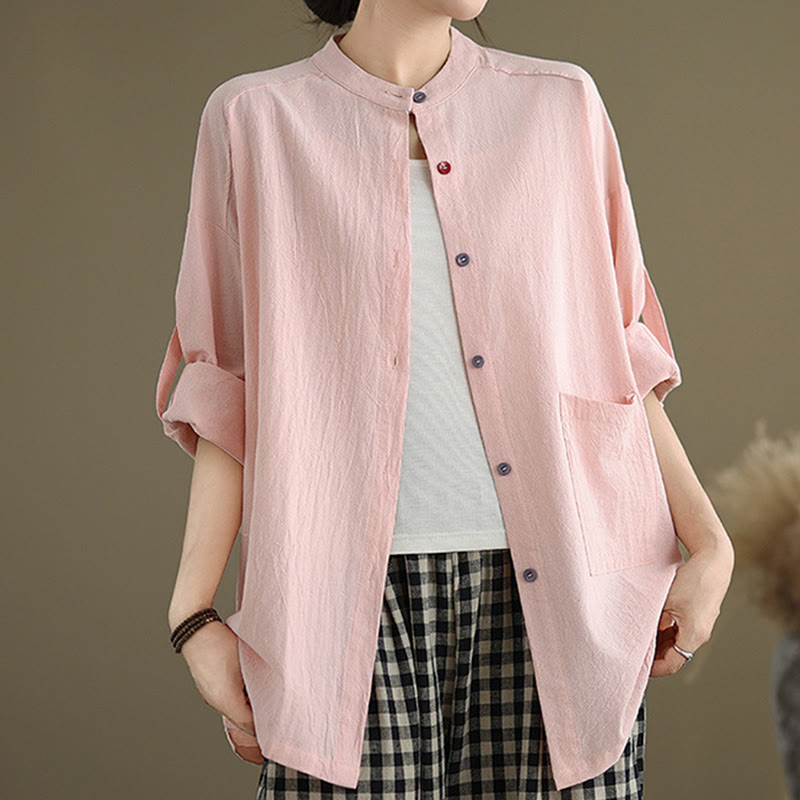 Camicia da donna in cotone e lino a maniche lunghe Buddha Stones Commute Pure Color con tasca - image 18