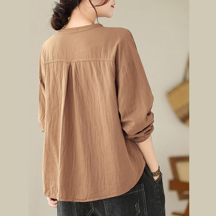 Camicia da donna in cotone e lino a maniche lunghe, modello Buddha Stones Commute Spring, semplice, con bottoni a metà lunghezza - image 15
