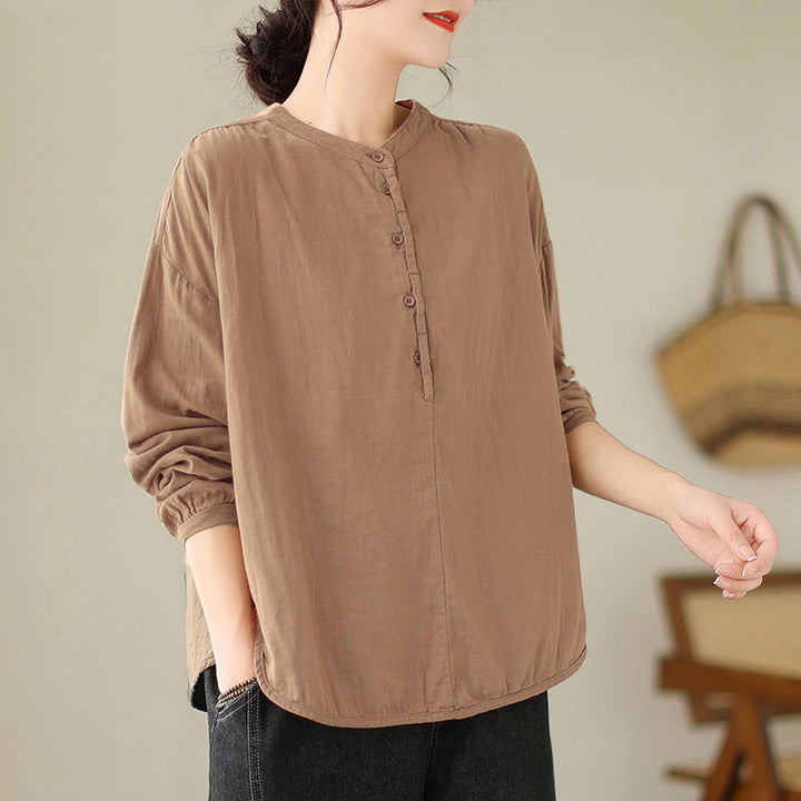 Camicia da donna in cotone e lino a maniche lunghe, modello Buddha Stones Commute Spring, semplice, con bottoni a metà lunghezza - image 13