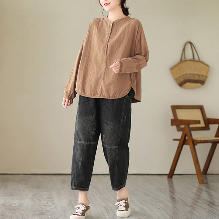 Camicia da donna in cotone e lino a maniche lunghe, modello Buddha Stones Commute Spring, semplice, con bottoni a metà lunghezza - image 17
