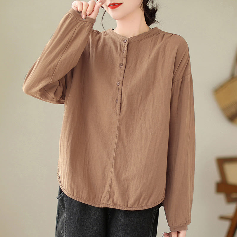 Camicia da donna in cotone e lino a maniche lunghe, modello Buddha Stones Commute Spring, semplice, con bottoni a metà lunghezza - SandyBrown - US12, UK/AU16, EU44 (2XL) - image 12